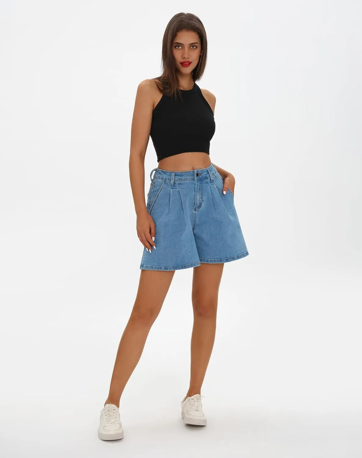 roswear Women’s Wide Leg Denim High Waisted Stretchy Loose Jean Shorts