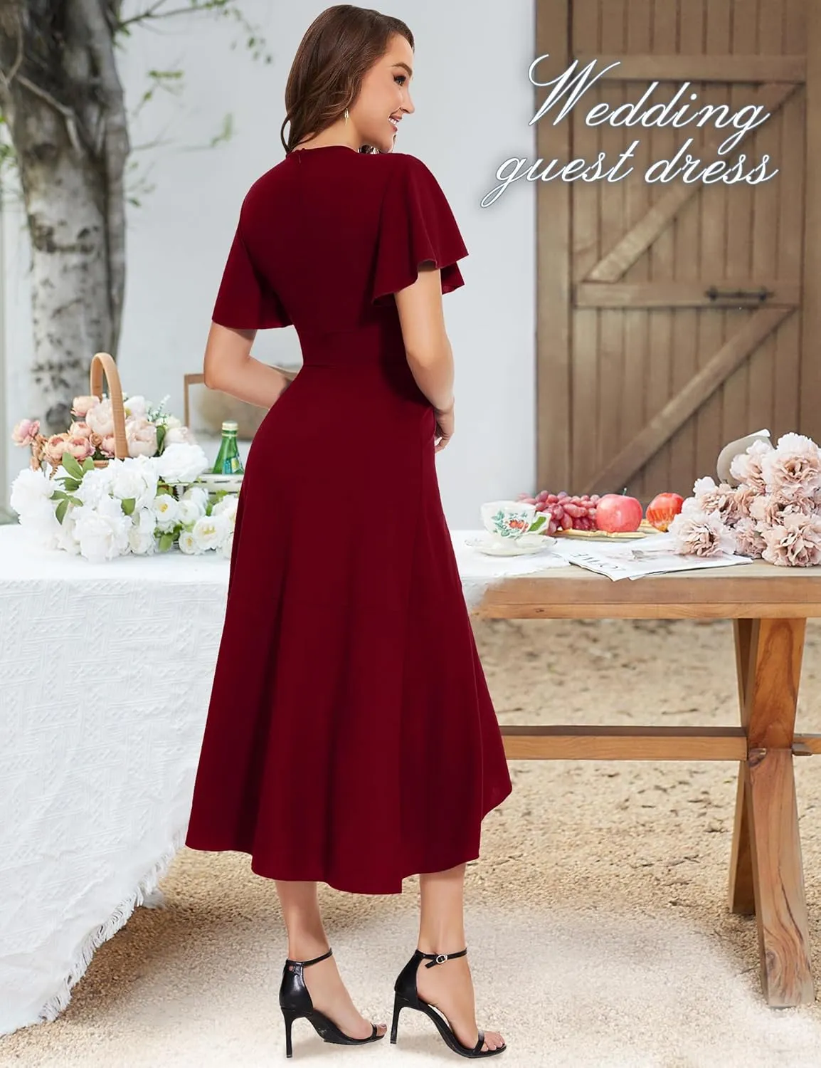 ROYAL MATRIX Women's Wrap V Neck Maxi Dress Flutter Sleeve Flowy Ruffle Midi Dress for Wedding Guest Cocktail Party