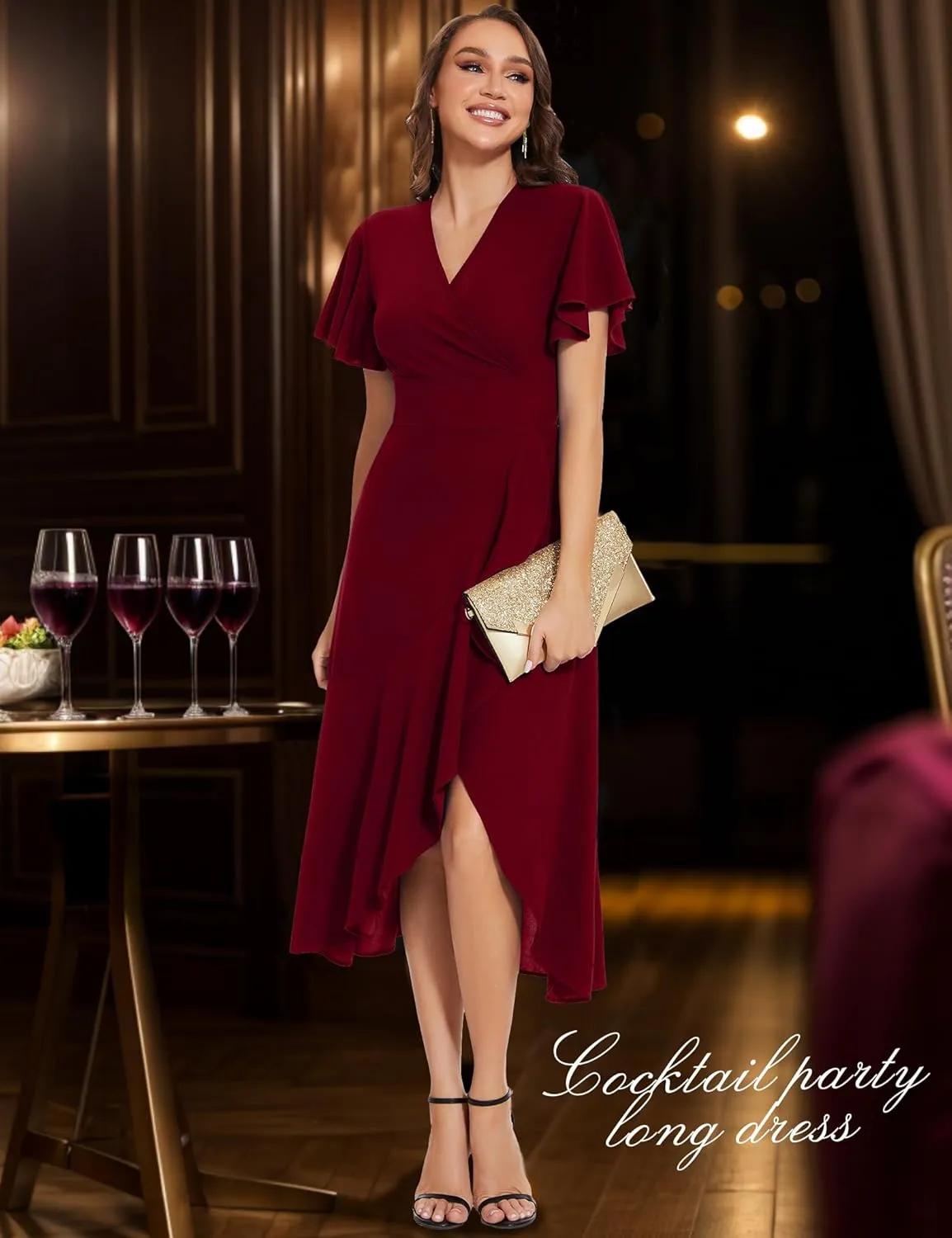 ROYAL MATRIX Women's Wrap V Neck Maxi Dress Flutter Sleeve Flowy Ruffle Midi Dress for Wedding Guest Cocktail Party