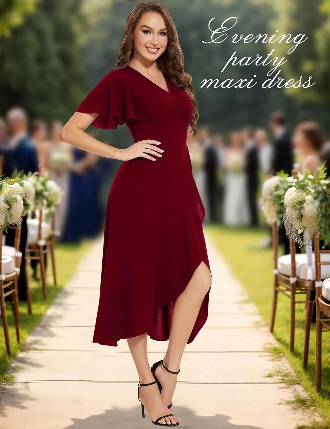 ROYAL MATRIX Women's Wrap V Neck Maxi Dress Flutter Sleeve Flowy Ruffle Midi Dress for Wedding Guest Cocktail Party