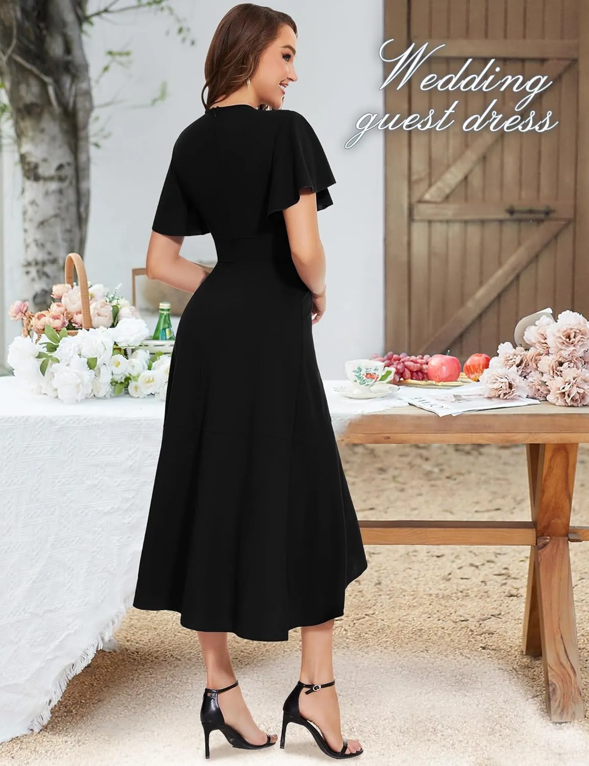 ROYAL MATRIX Women's Wrap V Neck Maxi Dress Flutter Sleeve Flowy Ruffle Midi Dress for Wedding Guest Cocktail Party