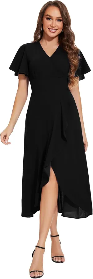 ROYAL MATRIX Women's Wrap V Neck Maxi Dress Flutter Sleeve Flowy Ruffle Midi Dress for Wedding Guest Cocktail Party