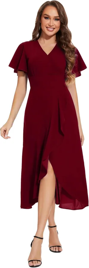 ROYAL MATRIX Women's Wrap V Neck Maxi Dress Flutter Sleeve Flowy Ruffle Midi Dress for Wedding Guest Cocktail Party