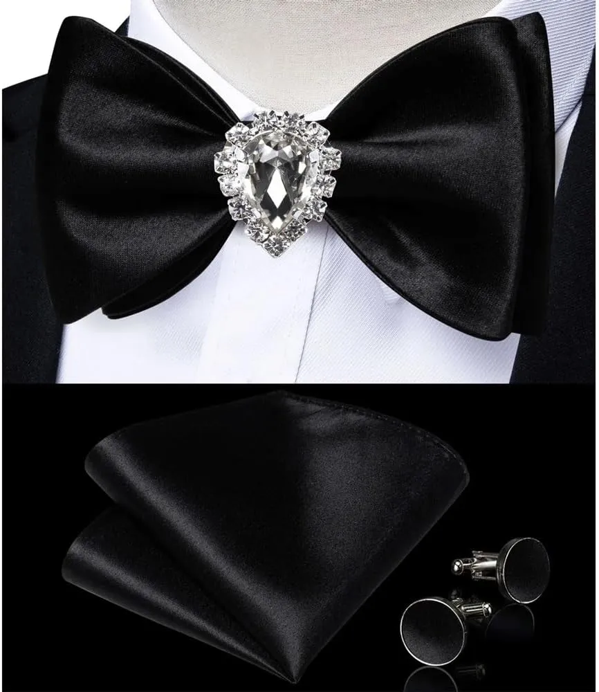 Self-tie Bowtie Pocket Square Cufflinks Set Classic Solid Silk Bow Tie Knot for Wedding