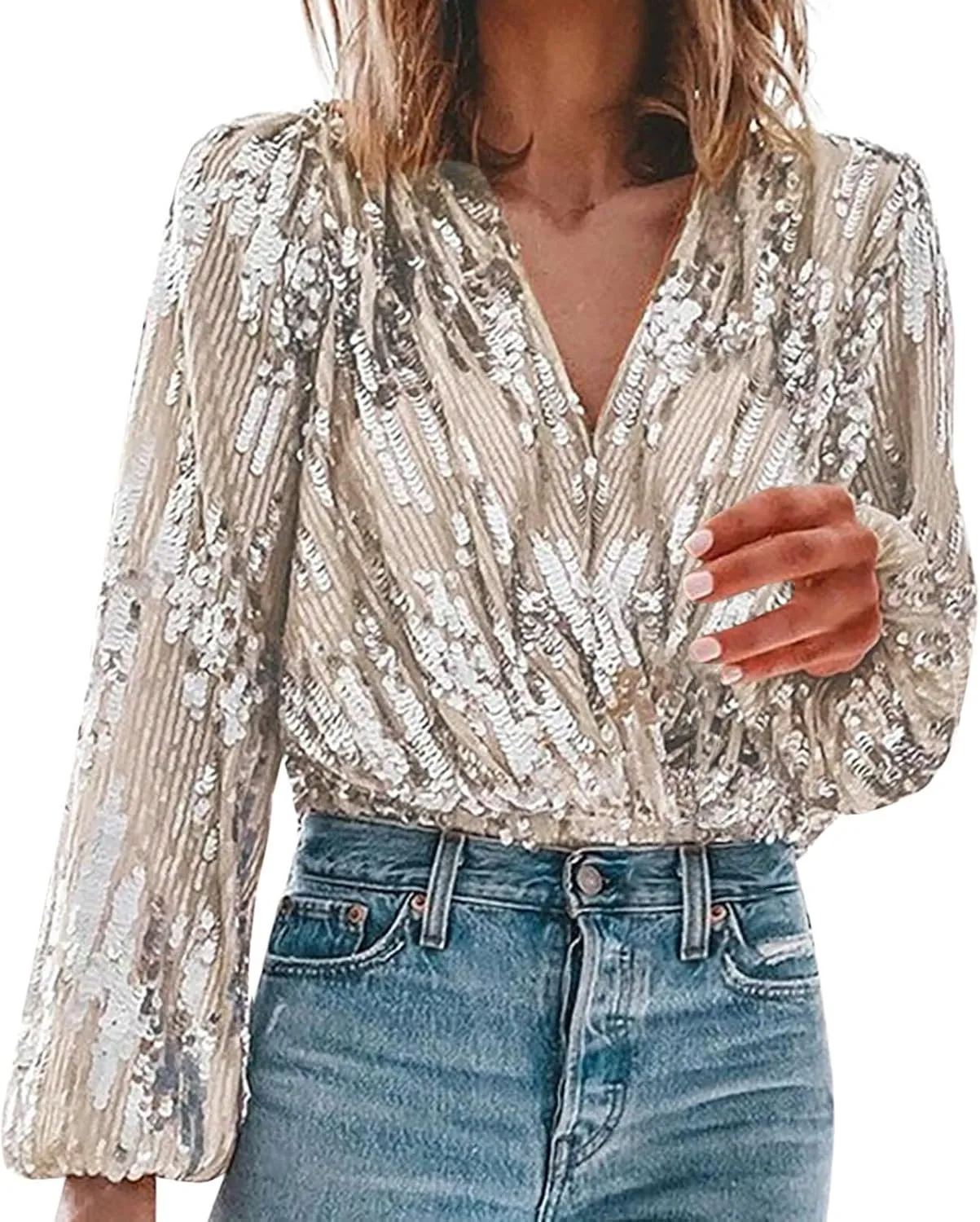 Sequin Tops for Women Sparkly V Neck Long Sleeve Dressy Formal Shirts Loose Glitter Party Blouses Mardi Gras Outfit Mardi Gras Shirts for Women - A-Khaki, XL