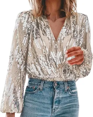 Sequin Tops for Women Sparkly V Neck Long Sleeve Dressy Formal Shirts Loose Glitter Party Blouses Mardi Gras Outfit Mardi Gras Shirts for Women - A-Khaki, XL