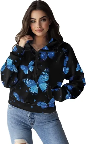 Short Hooded Sweatshirt for Women Soft Long Sleeve 1/2 Zipper Loose Hoodies with Pocket Custom Print Crop Tops