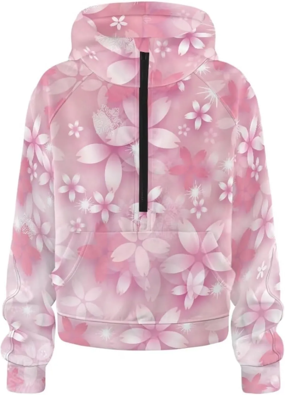 Short Hooded Sweatshirt for Women Soft Long Sleeve 1/2 Zipper Loose Hoodies with Pocket Custom Print Crop Tops