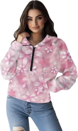 Short Hooded Sweatshirt for Women Soft Long Sleeve 1/2 Zipper Loose Hoodies with Pocket Custom Print Crop Tops