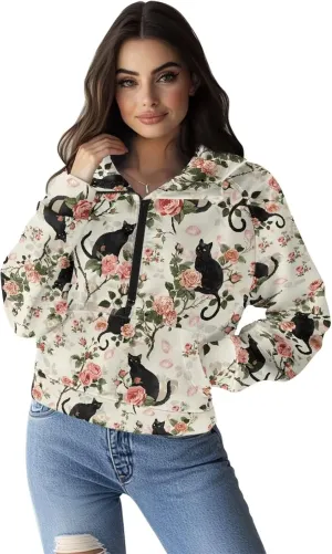 Short Hooded Sweatshirt for Women Soft Long Sleeve 1/2 Zipper Loose Hoodies with Pocket Custom Print Crop Tops