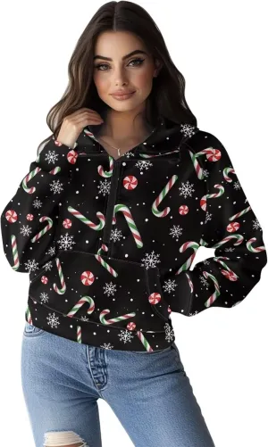 Short Hooded Sweatshirt for Women Soft Long Sleeve 1/2 Zipper Loose Hoodies with Pocket Custom Print Crop Tops