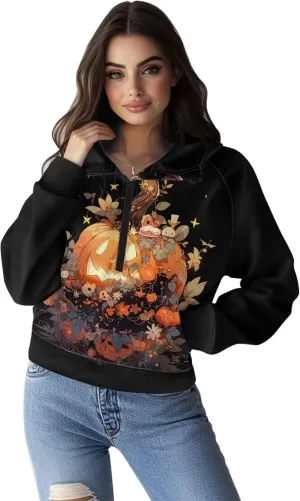 Short Hooded Sweatshirt for Women Soft Long Sleeve 1/2 Zipper Loose Hoodies with Pocket Custom Print Crop Tops