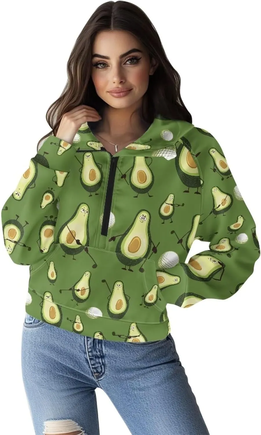 Short Hooded Sweatshirt for Women Soft Long Sleeve 1/2 Zipper Loose Hoodies with Pocket Custom Print Crop Tops