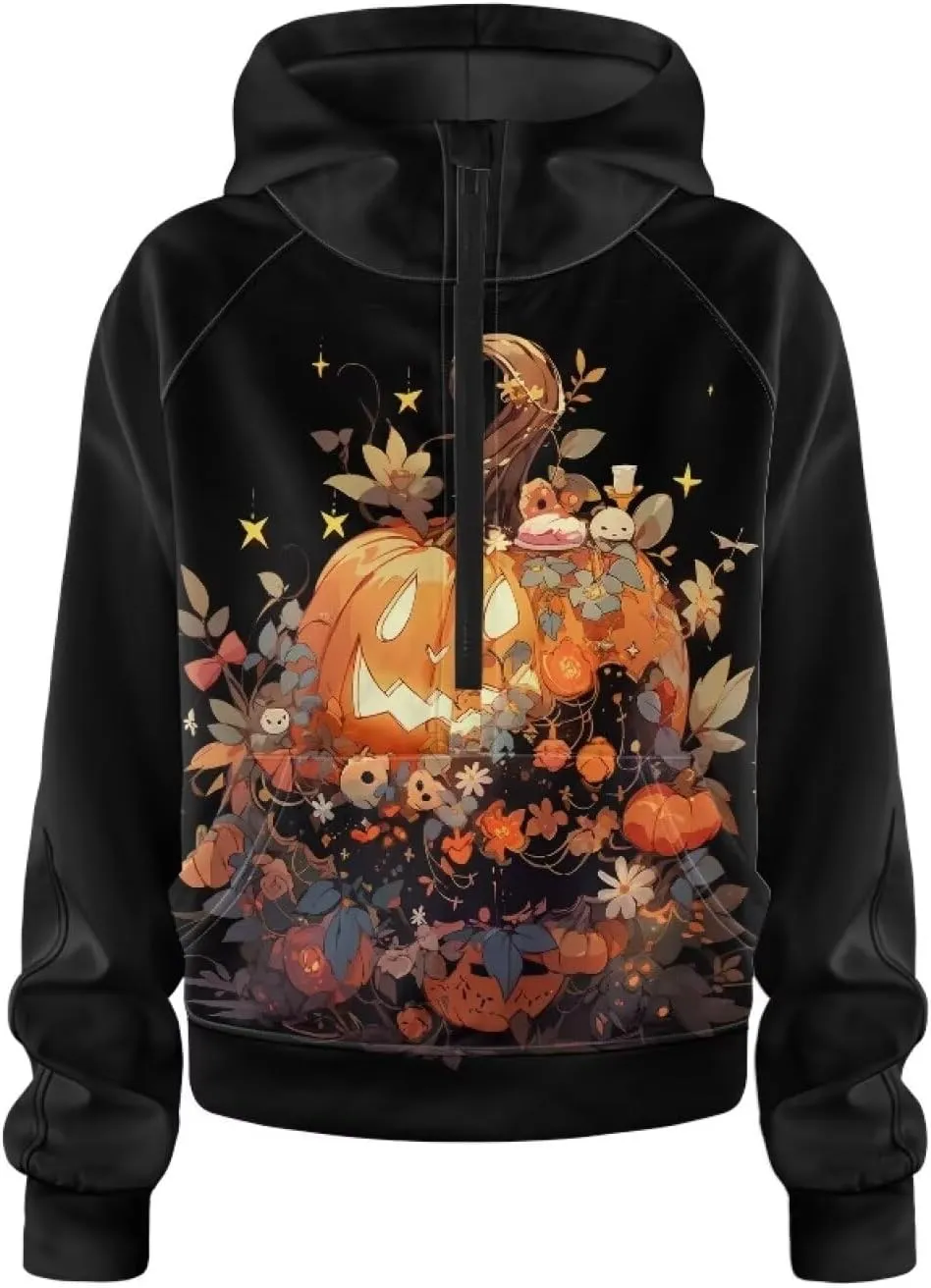 Short Hooded Sweatshirt for Women Soft Long Sleeve 1/2 Zipper Loose Hoodies with Pocket Custom Print Crop Tops