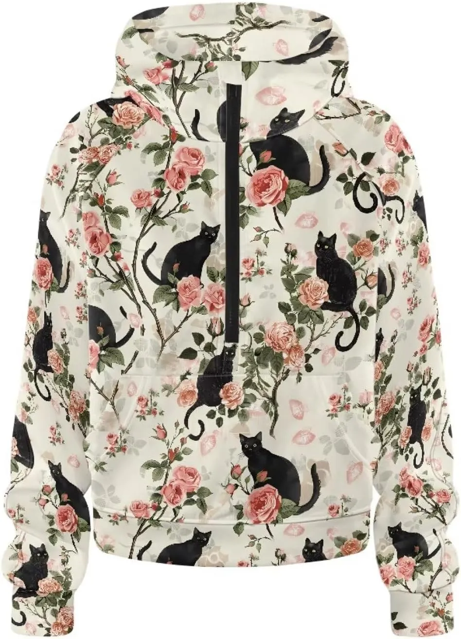 Short Hooded Sweatshirt for Women Soft Long Sleeve 1/2 Zipper Loose Hoodies with Pocket Custom Print Crop Tops