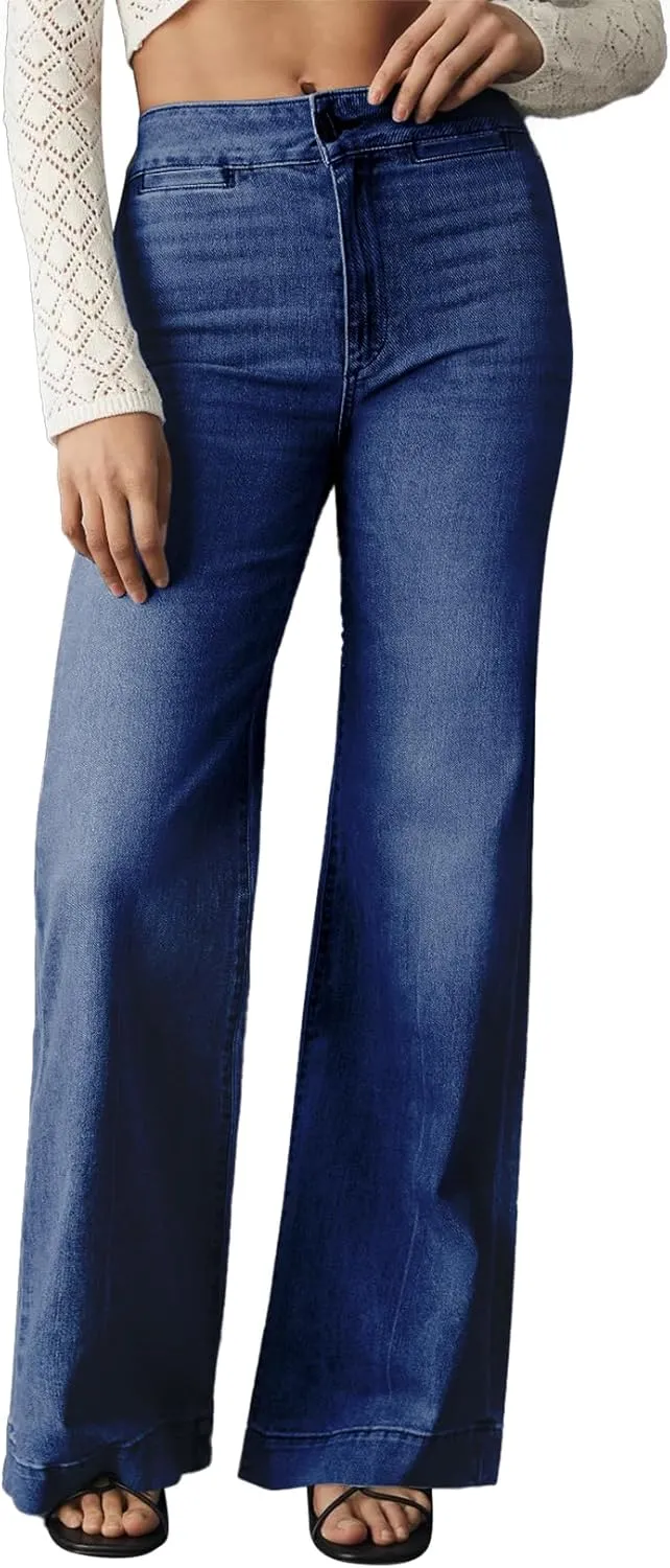Sidefeel Women's High Waist Flare Jeans Baggy Stretchy Wide Leg Denim Pants