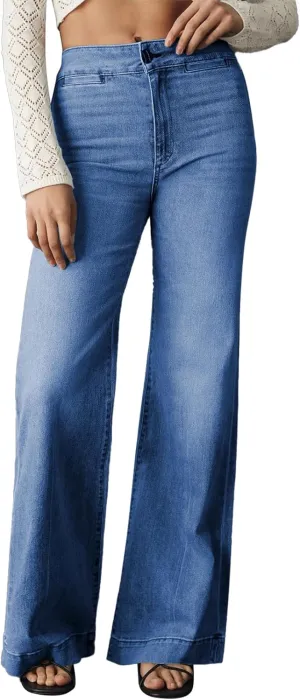 Sidefeel Women's High Waist Flare Jeans Baggy Stretchy Wide Leg Denim Pants