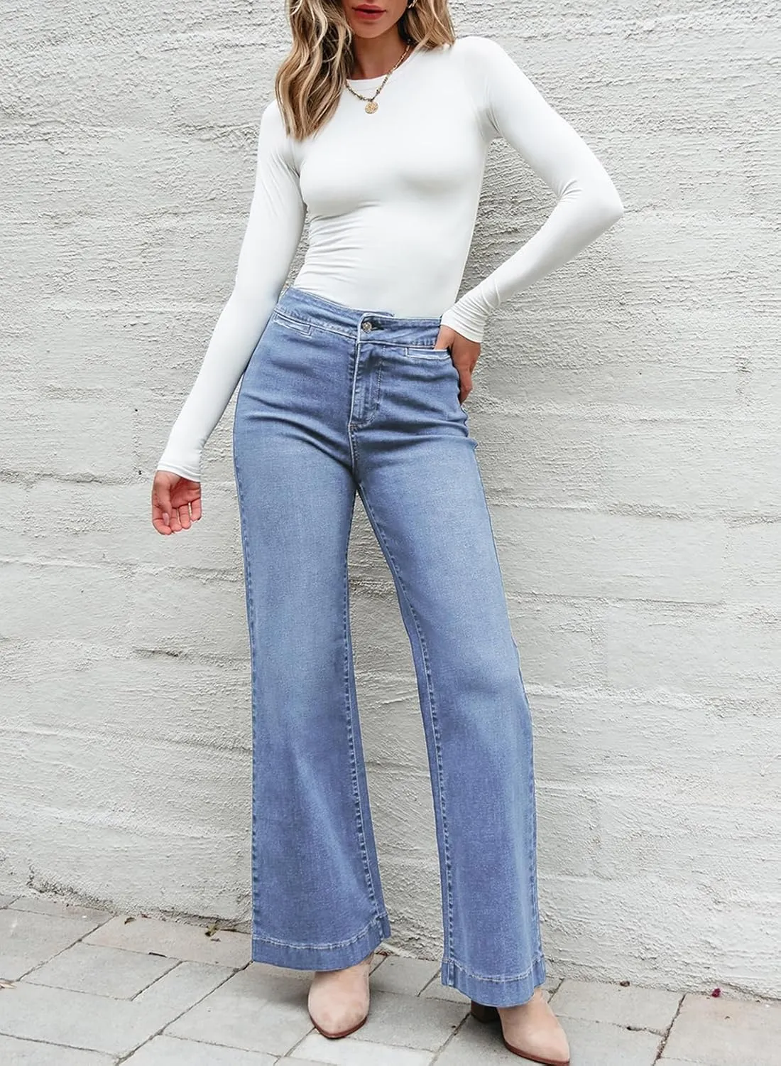 Sidefeel Women's High Waist Flare Jeans Baggy Stretchy Wide Leg Denim Pants