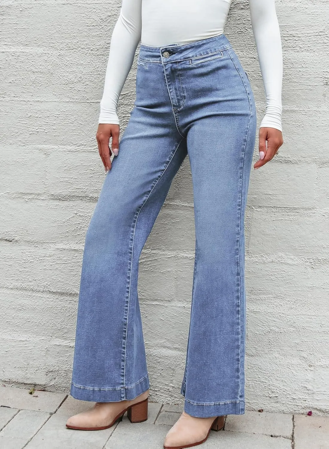 Sidefeel Women's High Waist Flare Jeans Baggy Stretchy Wide Leg Denim Pants