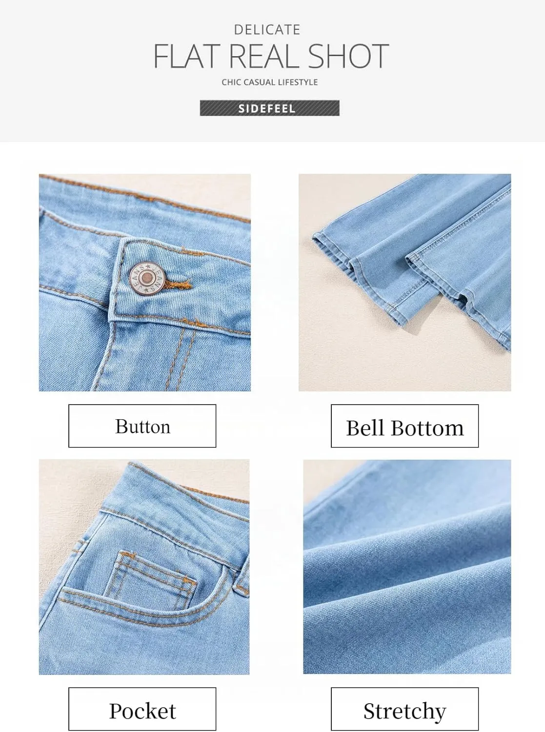 Sidefeel Women's High Waisted Bell Bottom Bootcut Jeans Flared Wide Leg Denim Pants