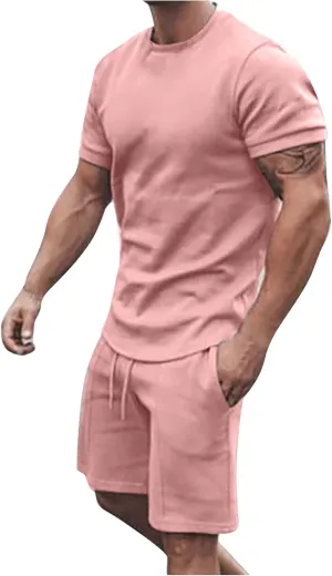 Sinzelimin Sport Casual Set for Men Two Piece Tracksuit O-Neck Short Sleeves Tees Shirts Shorts Sweatpant Jogger Workout Suit