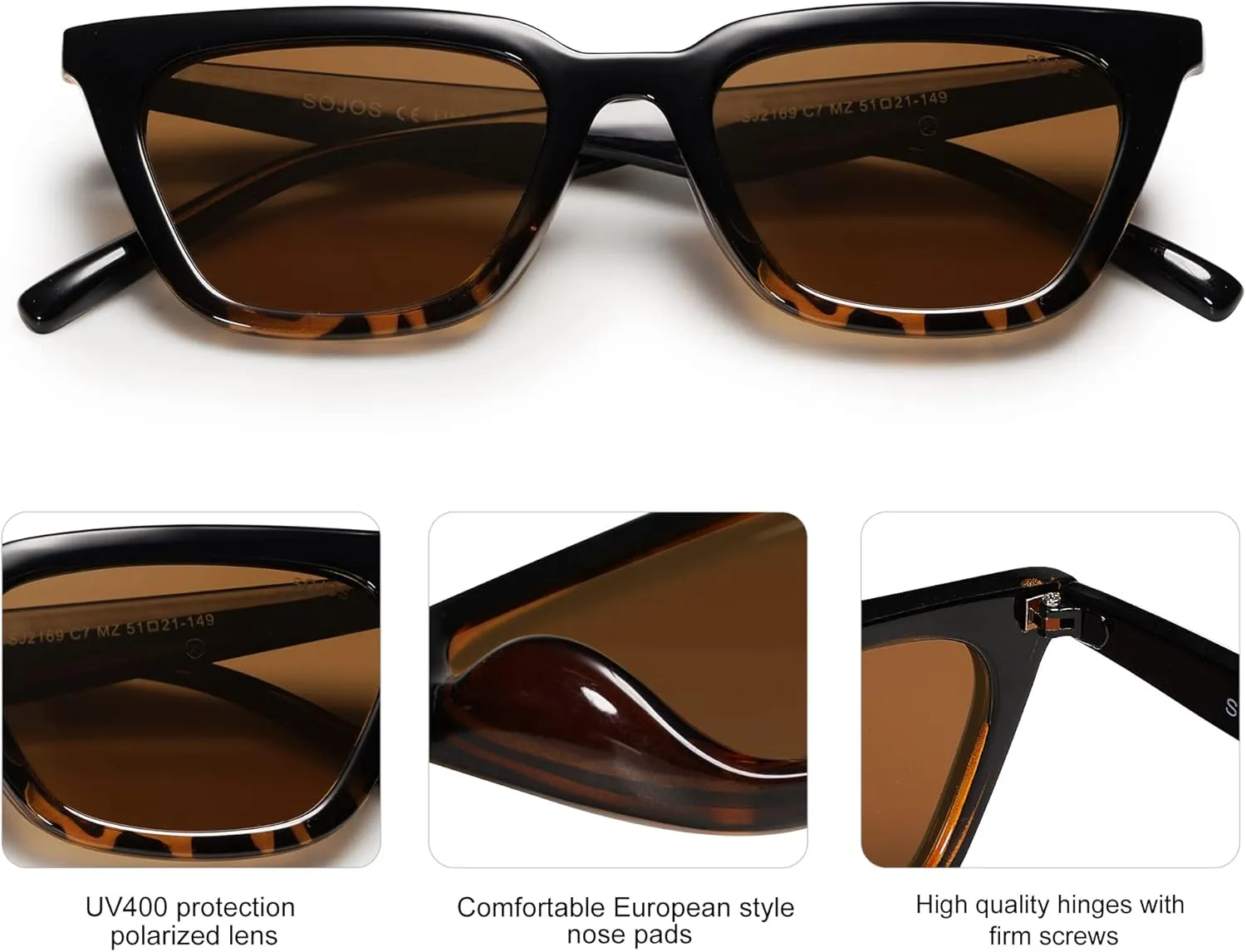 SOJOS Polarized Narrow Square Cateye Sunglasses for Women Retro Trendy Driving Glasses SJ2169
