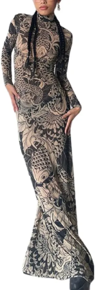 Suillty Women's Sexy Printed Sheer Mesh Long Maxi Dress See Through Long Sleeve High Neck Bodycon Party Club Night Dresses