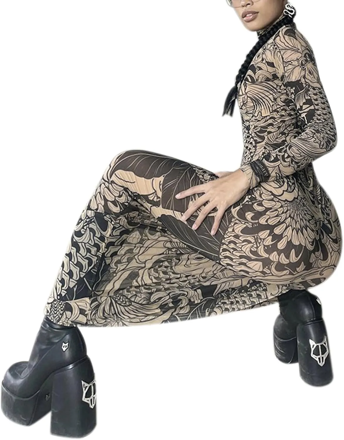 Suillty Women's Sexy Printed Sheer Mesh Long Maxi Dress See Through Long Sleeve High Neck Bodycon Party Club Night Dresses