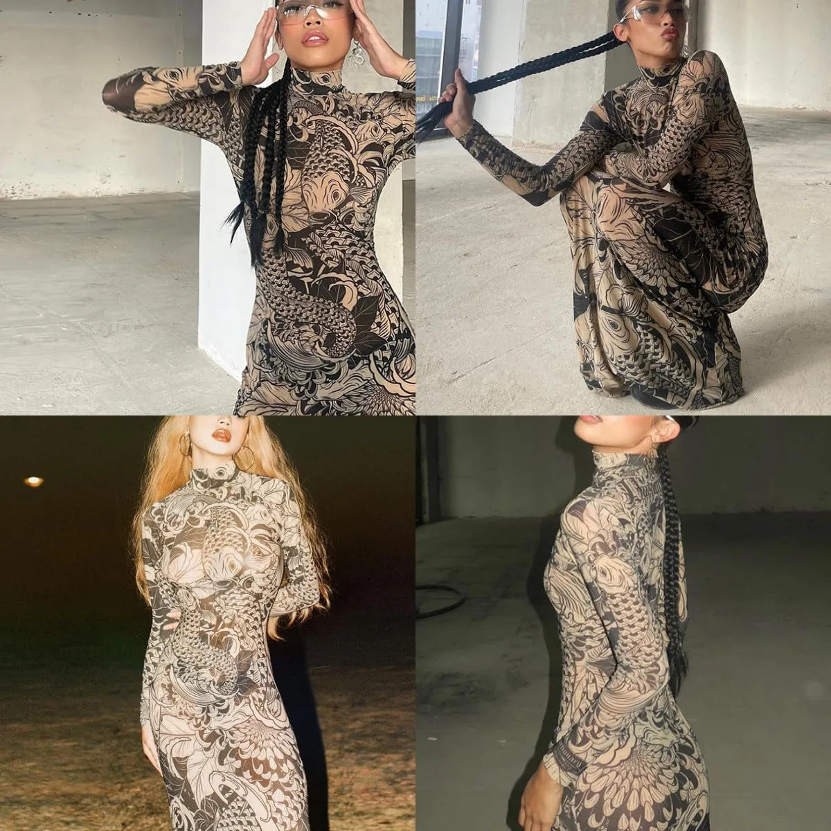 Suillty Women's Sexy Printed Sheer Mesh Long Maxi Dress See Through Long Sleeve High Neck Bodycon Party Club Night Dresses