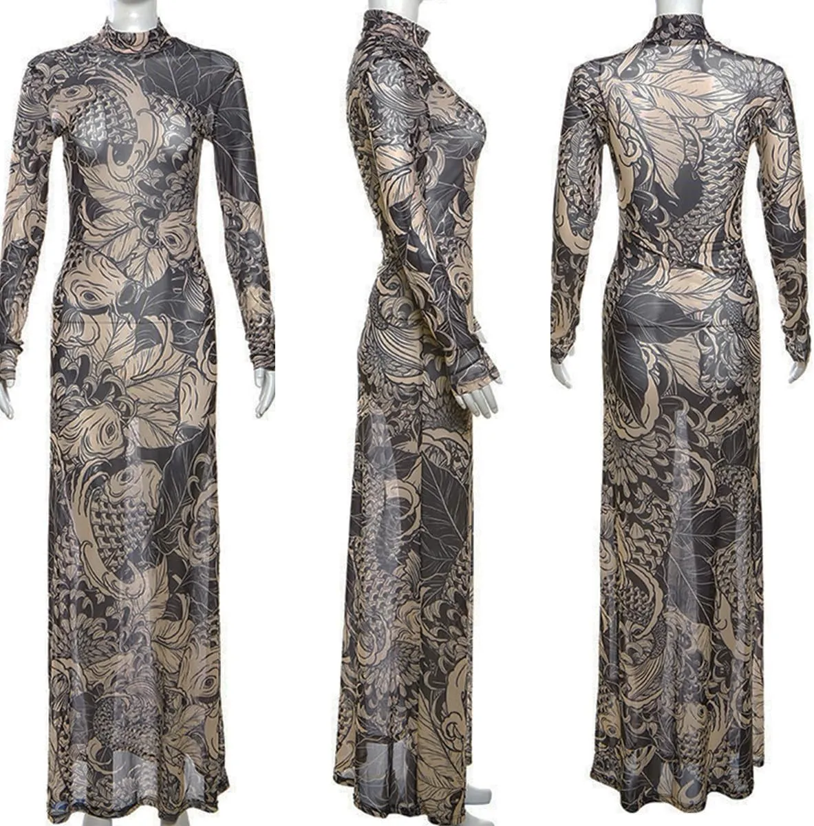 Suillty Women's Sexy Printed Sheer Mesh Long Maxi Dress See Through Long Sleeve High Neck Bodycon Party Club Night Dresses