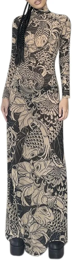 Suillty Women's Sexy Printed Sheer Mesh Long Maxi Dress See Through Long Sleeve High Neck Bodycon Party Club Night Dresses