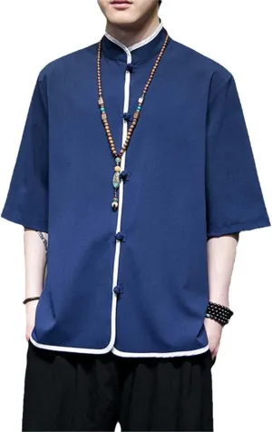 Summer Chinese Style Men's Linen Short Sleeve Shirt Hanfu Kung Fu Loose Tops Vintage Style Tang T-Shirt