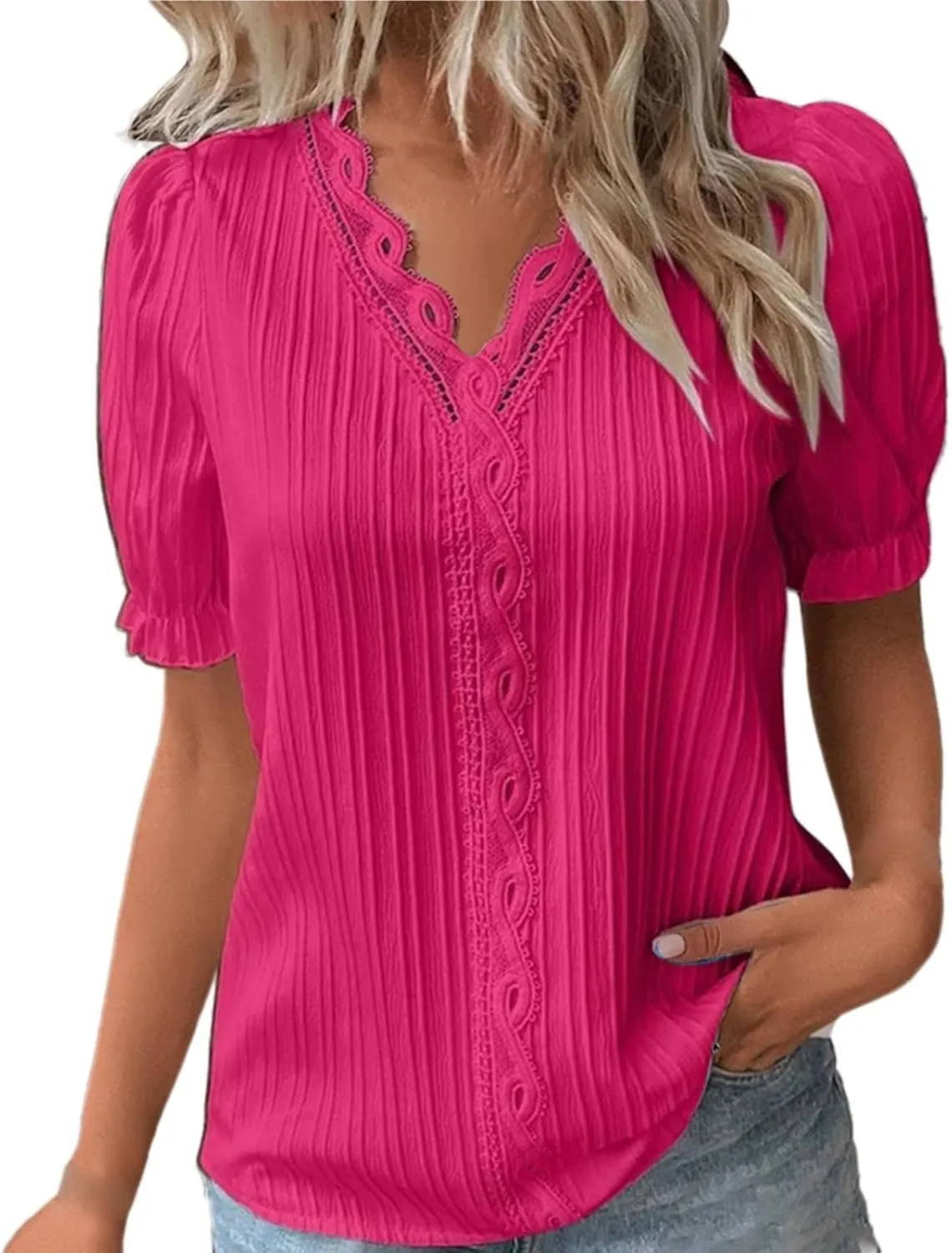 Summer Tops for Women Plus Size Trendy Lace V Neck T Shirts Puff Short Sleeve Tshirt Dressy Casual Plain Work Blouse