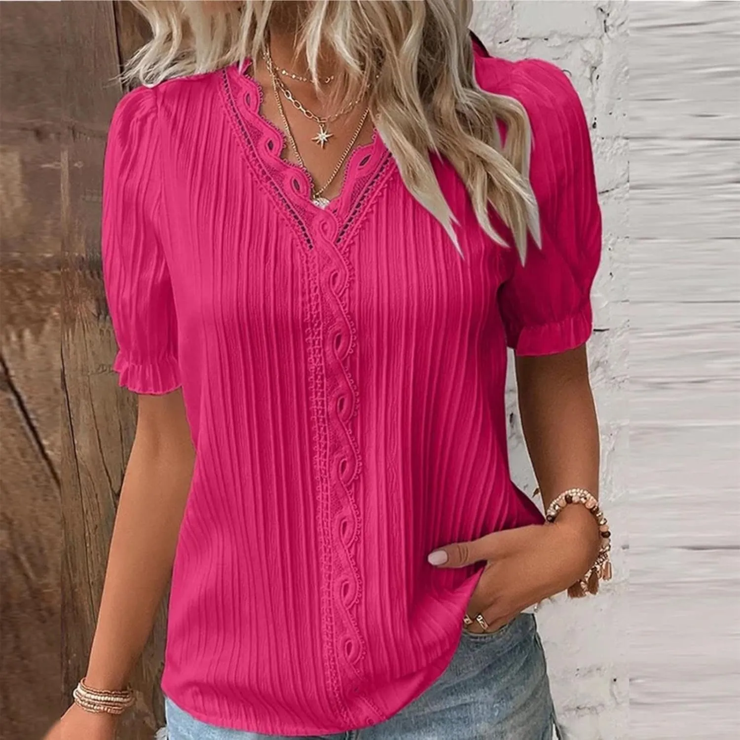 Summer Tops for Women Plus Size Trendy Lace V Neck T Shirts Puff Short Sleeve Tshirt Dressy Casual Plain Work Blouse