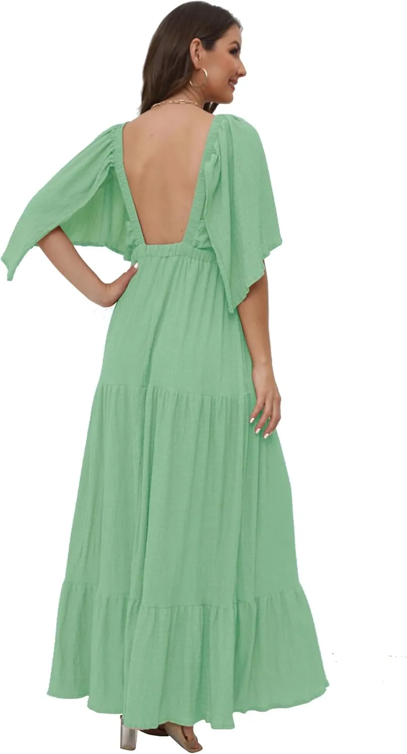 SUNNOW Women's Plus Size Summer Maxi Dress Flowy Loose Fit V-Neck Tiered Ruffle Sleeve Boho Beach Dress