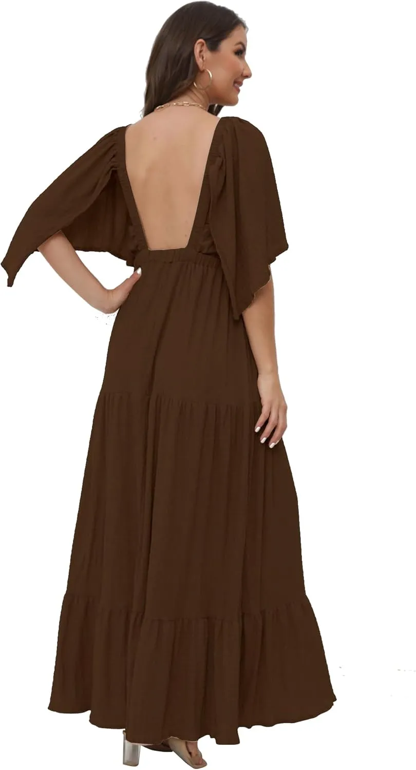 SUNNOW Women's Plus Size Summer Maxi Dress Flowy Loose Fit V-Neck Tiered Ruffle Sleeve Boho Beach Dress