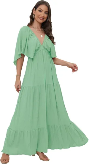 SUNNOW Women's Plus Size Summer Maxi Dress Flowy Loose Fit V-Neck Tiered Ruffle Sleeve Boho Beach Dress