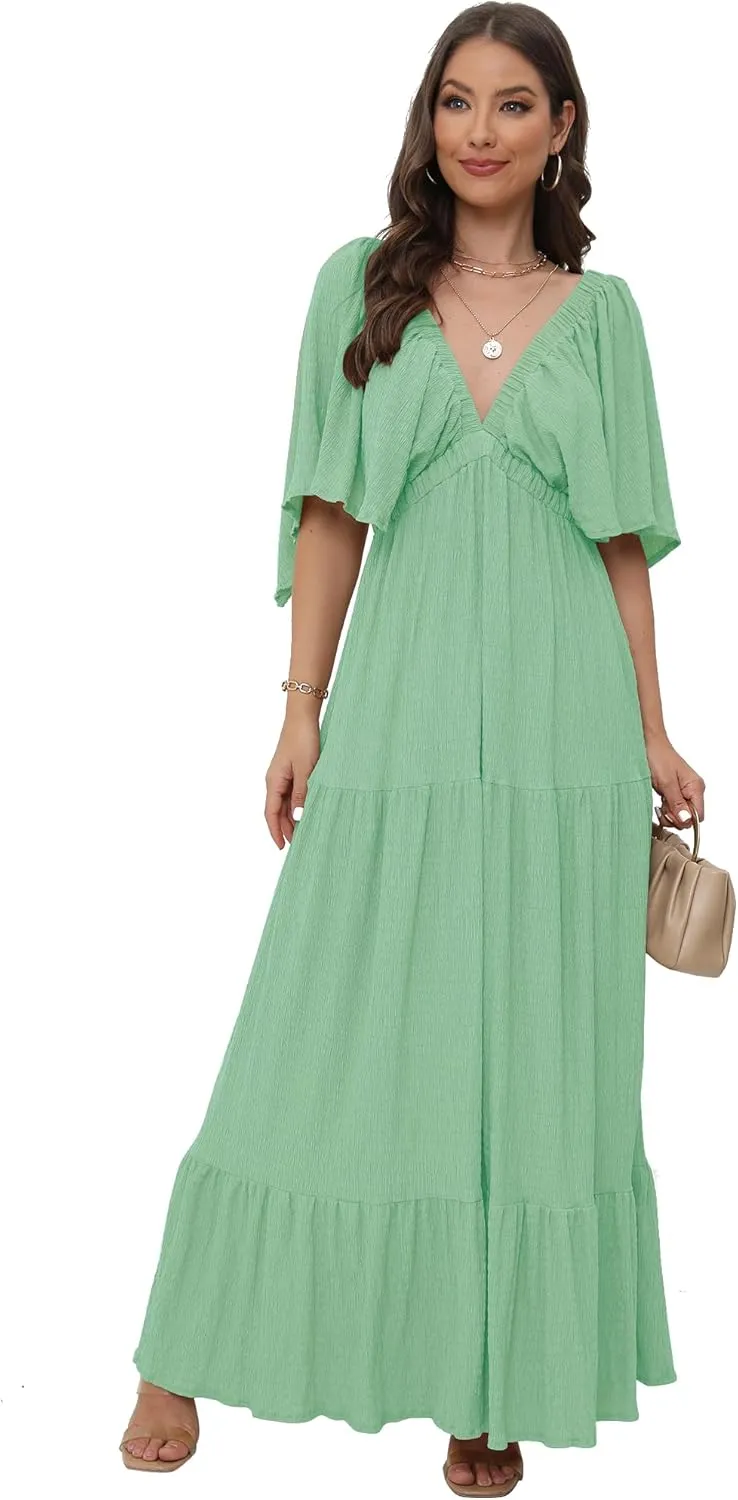 SUNNOW Women's Plus Size Summer Maxi Dress Flowy Loose Fit V-Neck Tiered Ruffle Sleeve Boho Beach Dress
