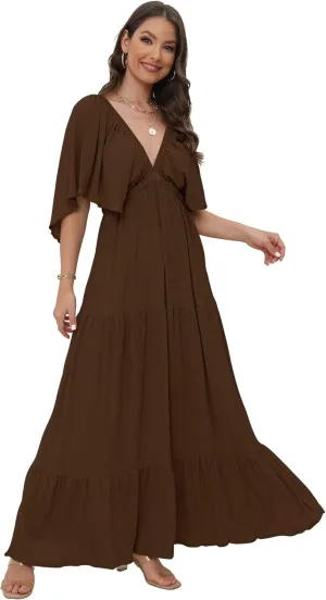 SUNNOW Women's Plus Size Summer Maxi Dress Flowy Loose Fit V-Neck Tiered Ruffle Sleeve Boho Beach Dress