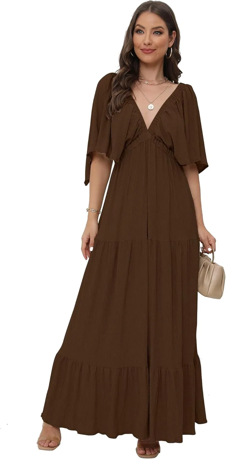 SUNNOW Women's Plus Size Summer Maxi Dress Flowy Loose Fit V-Neck Tiered Ruffle Sleeve Boho Beach Dress