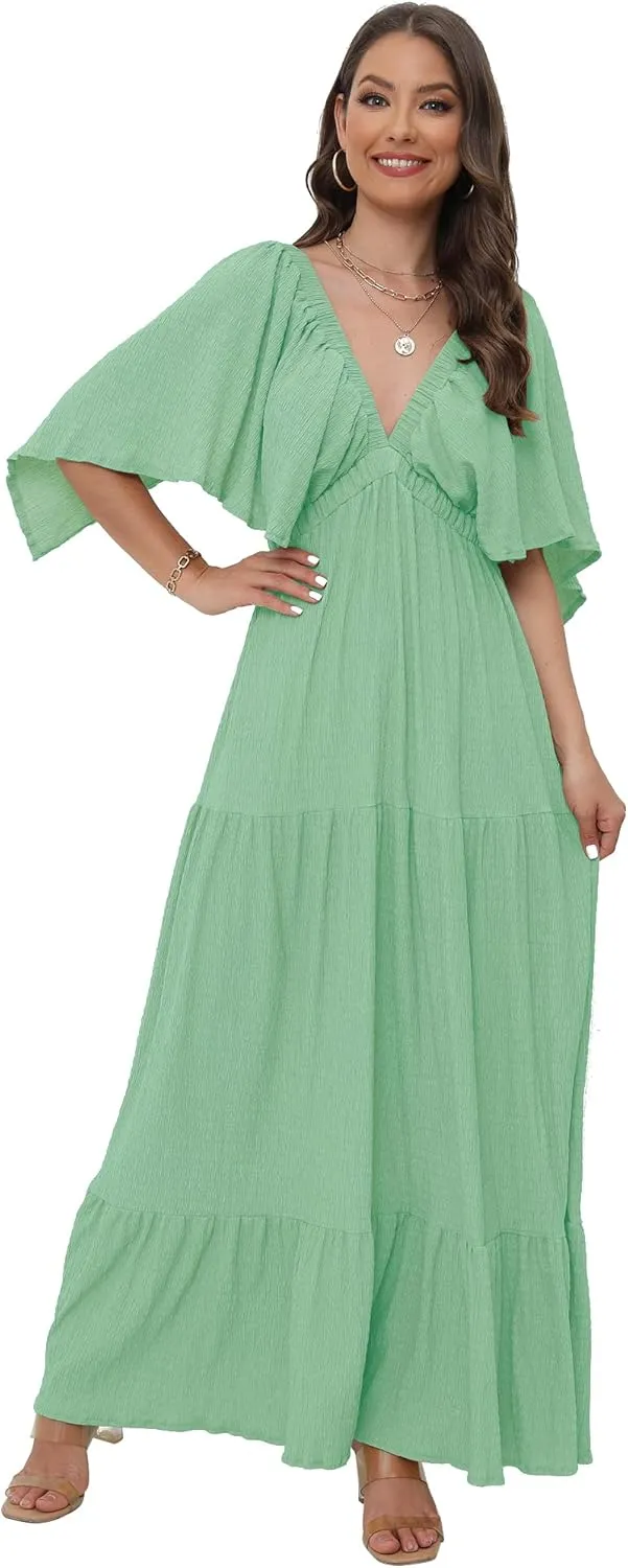 SUNNOW Women's Plus Size Summer Maxi Dress Flowy Loose Fit V-Neck Tiered Ruffle Sleeve Boho Beach Dress