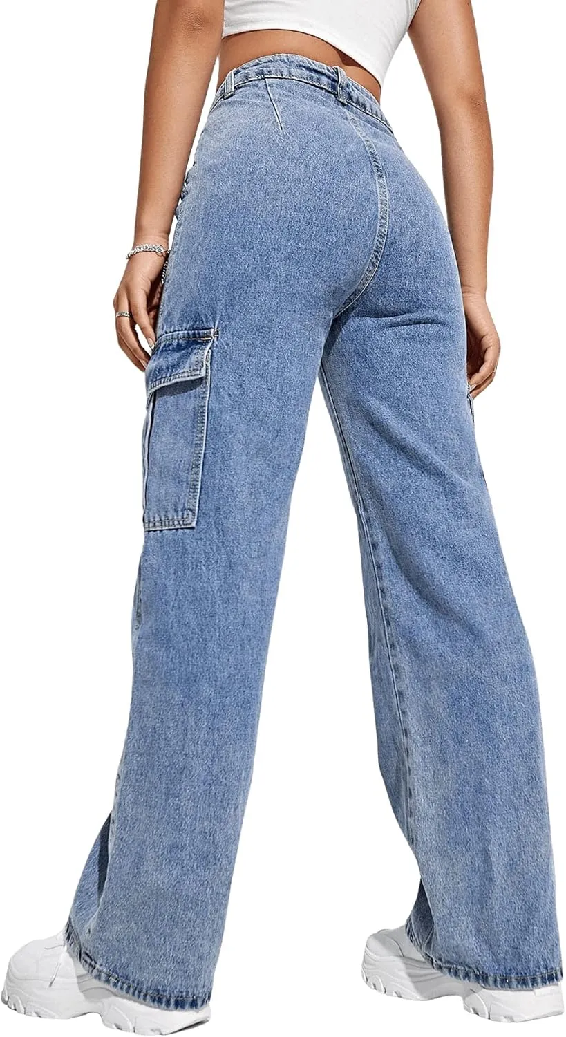 SweatyRocks Women's High Waist Cargo Jeans Flap Pocket Wide Leg Denim Pants