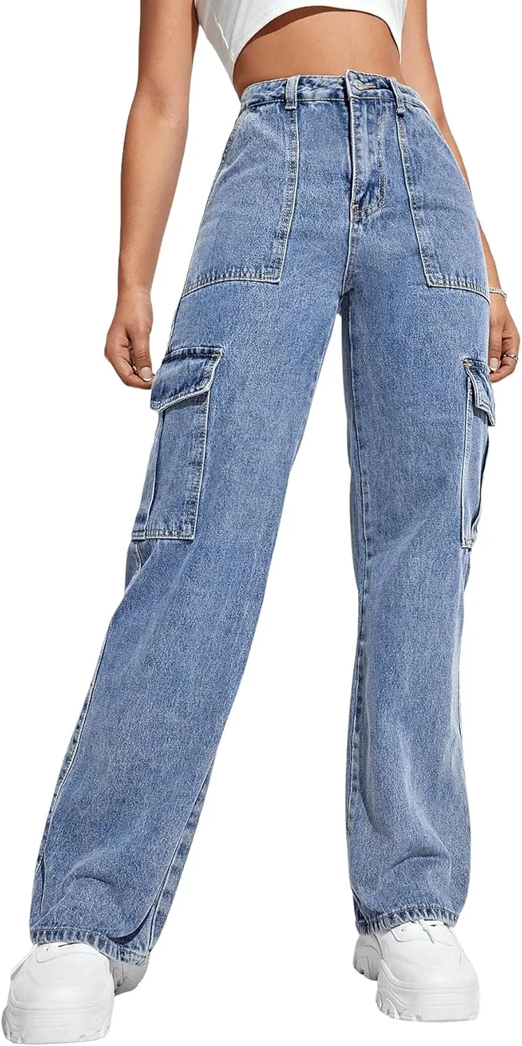 SweatyRocks Women's High Waist Cargo Jeans Flap Pocket Wide Leg Denim Pants