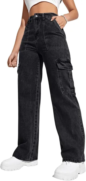 SweatyRocks Women's High Waist Cargo Jeans Flap Pocket Wide Leg Denim Pants