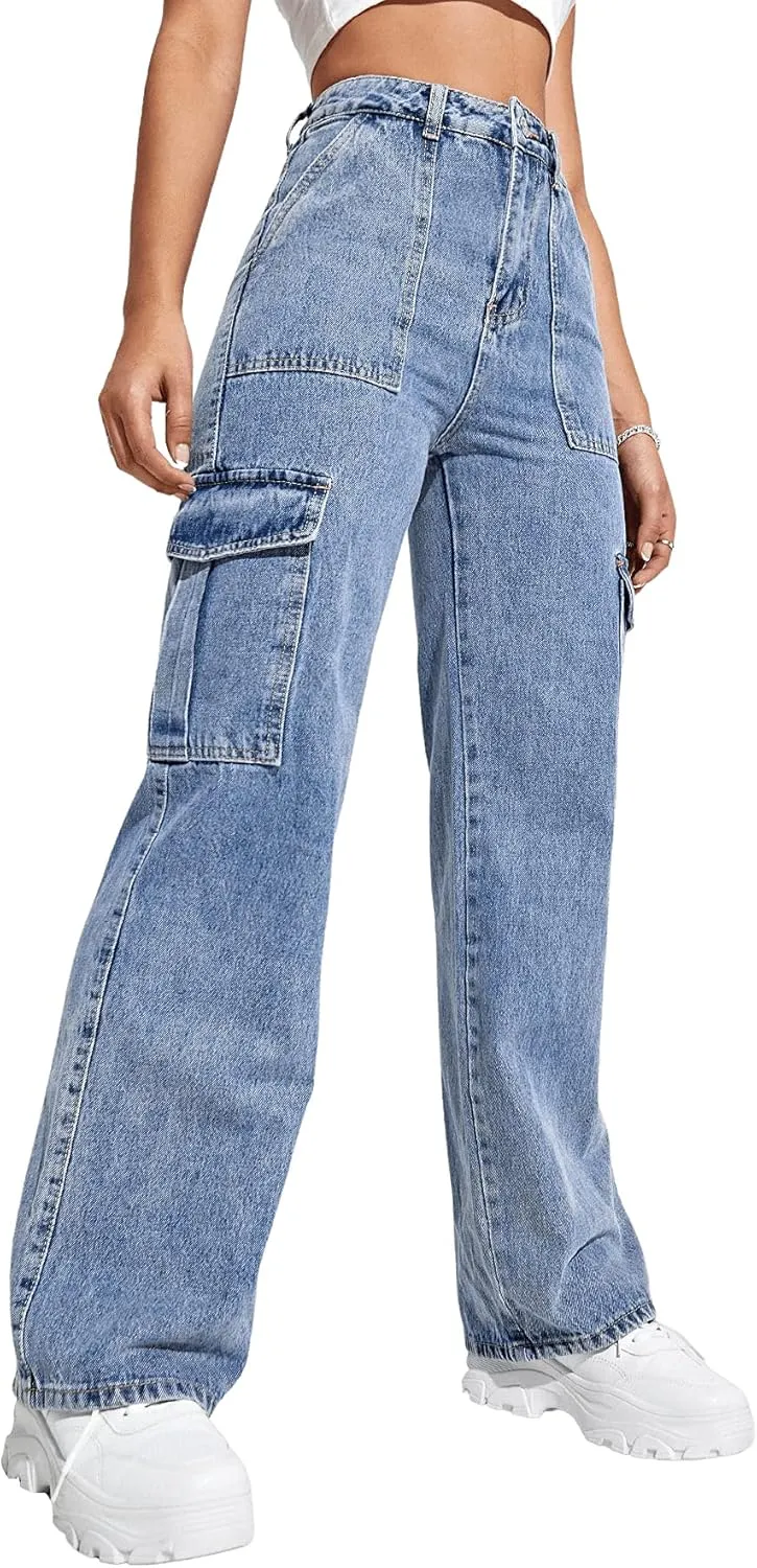 SweatyRocks Women's High Waist Cargo Jeans Flap Pocket Wide Leg Denim Pants