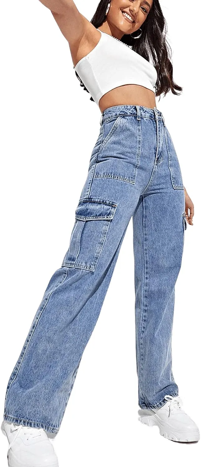 SweatyRocks Women's High Waist Cargo Jeans Flap Pocket Wide Leg Denim Pants
