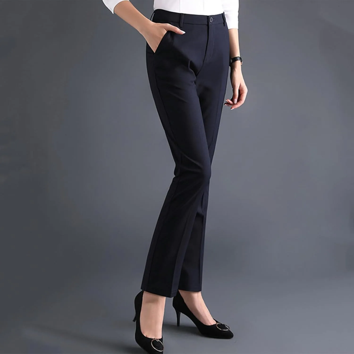 TANGNADE Women High Waist Casual Straight Leg Long Business Work Suit Dress Pants Slim Fit Trousers with Pockets Slacks
