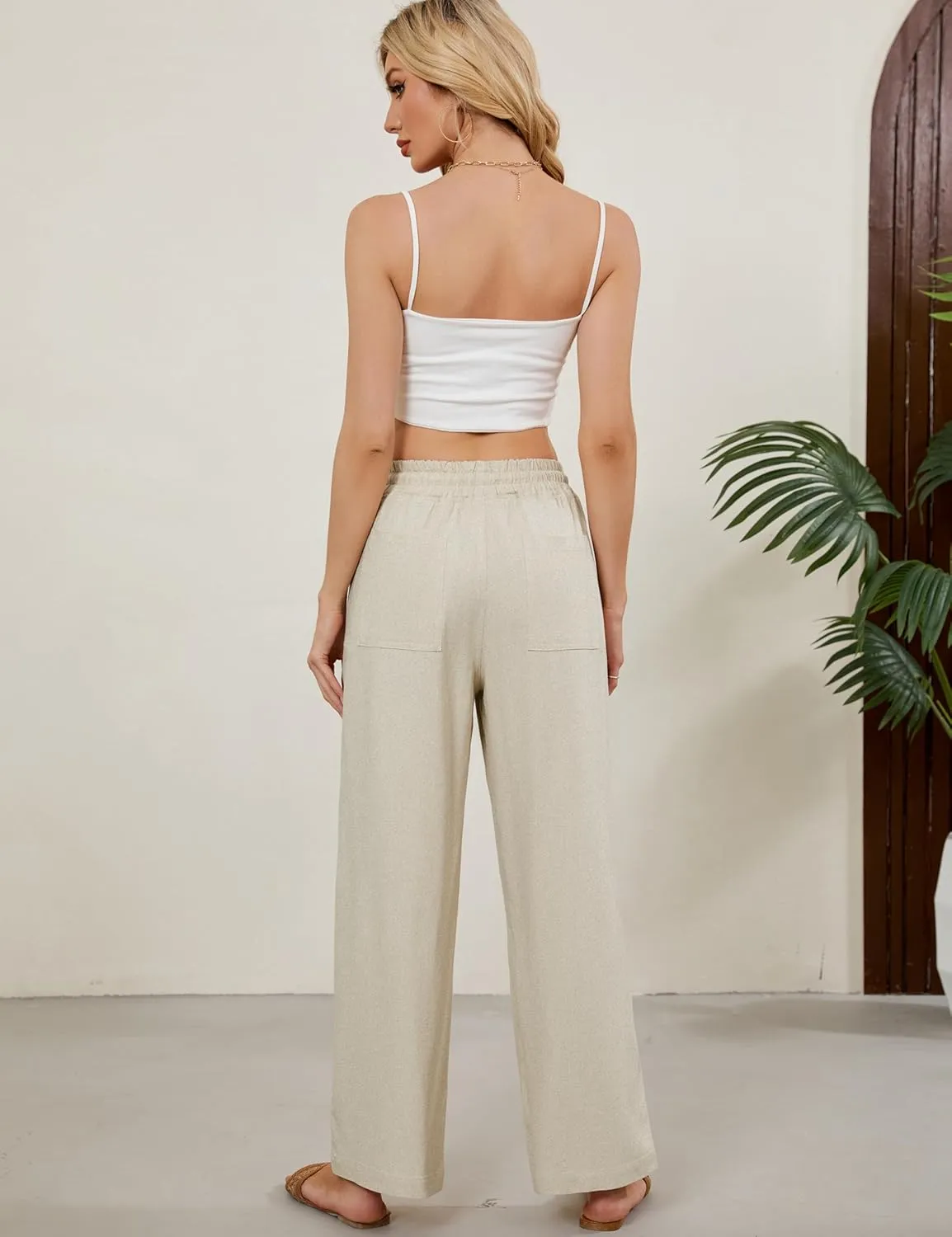 Tanming Womens Linen Pants Summer Casual Drawstring High Waisted Cotton Pants Beach Pants with Pockets