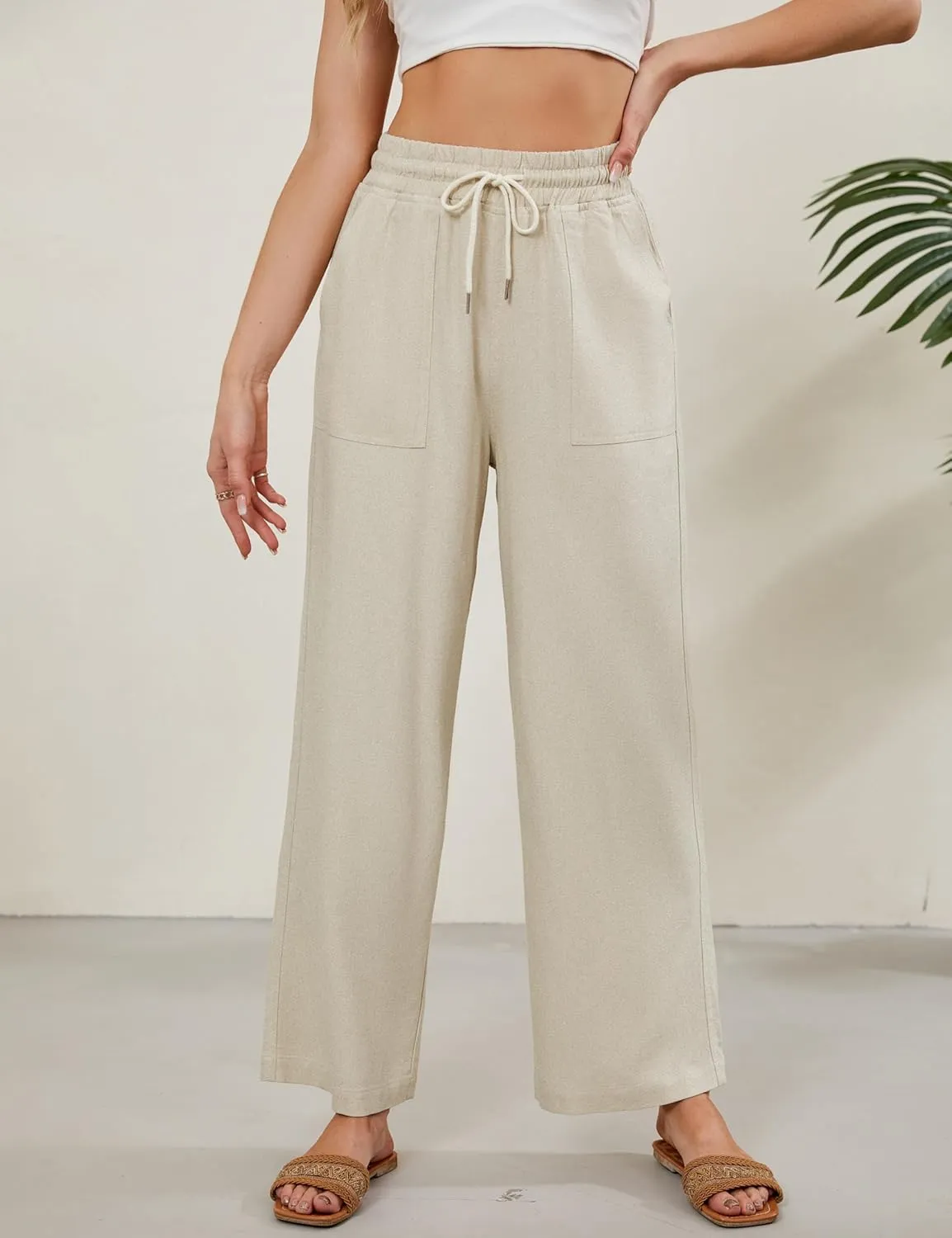 Tanming Womens Linen Pants Summer Casual Drawstring High Waisted Cotton Pants Beach Pants with Pockets