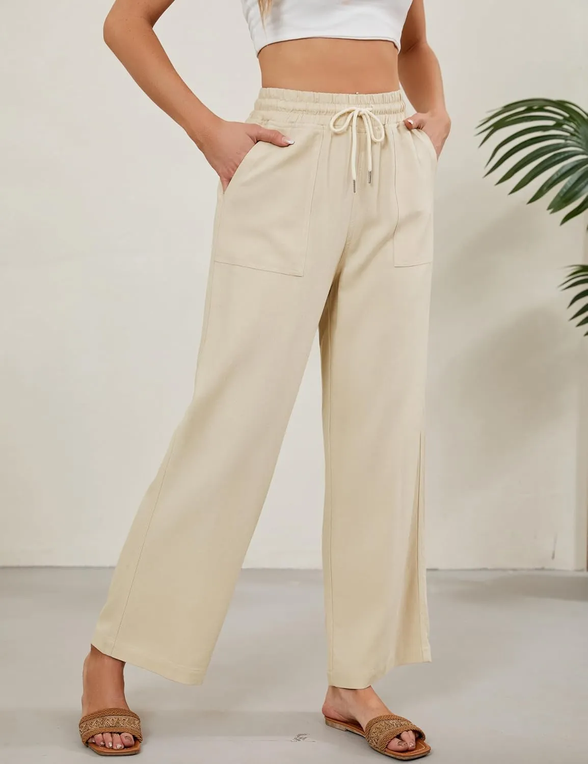 Tanming Womens Linen Pants Summer Casual Drawstring High Waisted Cotton Pants Beach Pants with Pockets